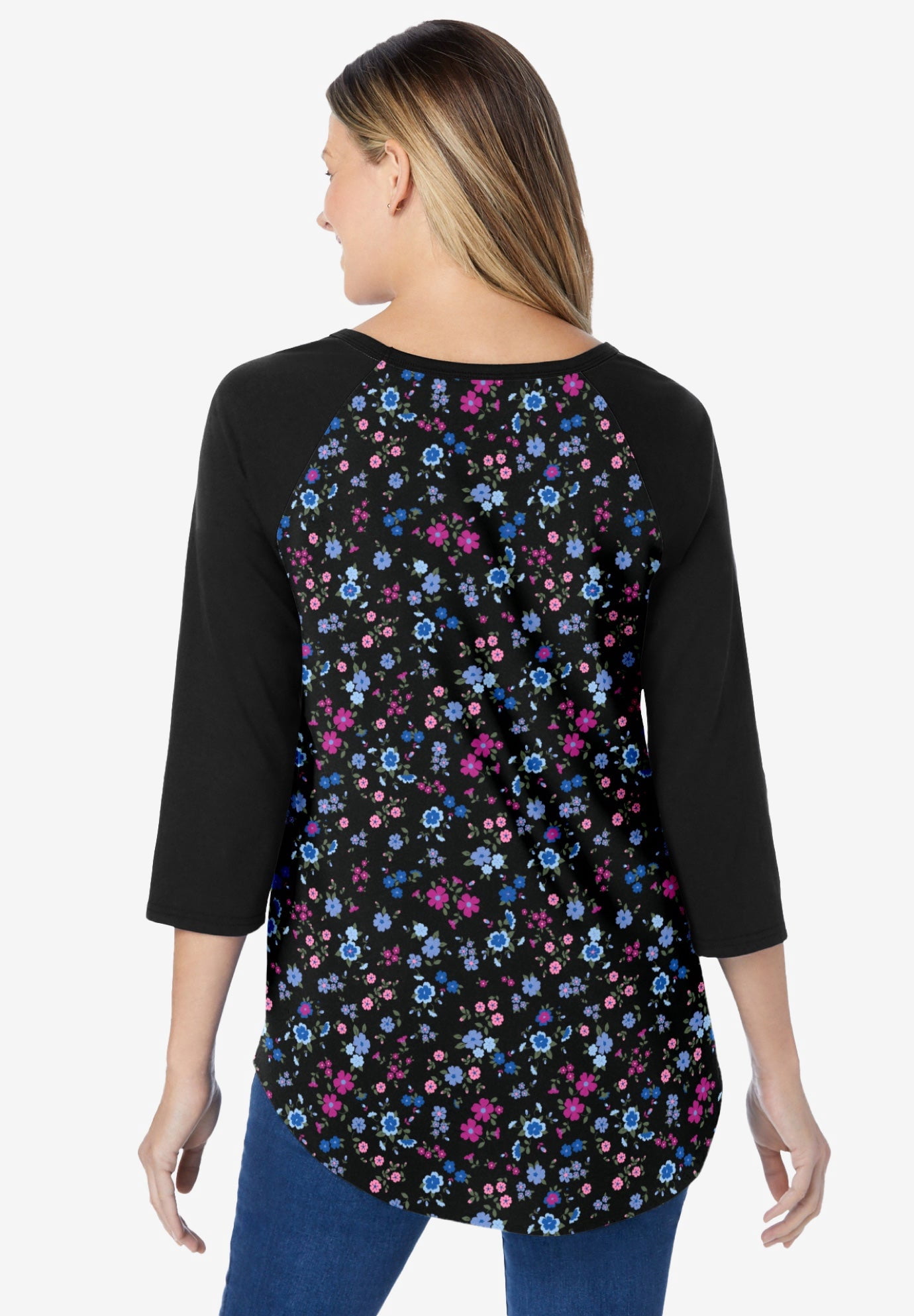 Woman Within Plus Size Three-Quarter Sleeve Baseball Tee