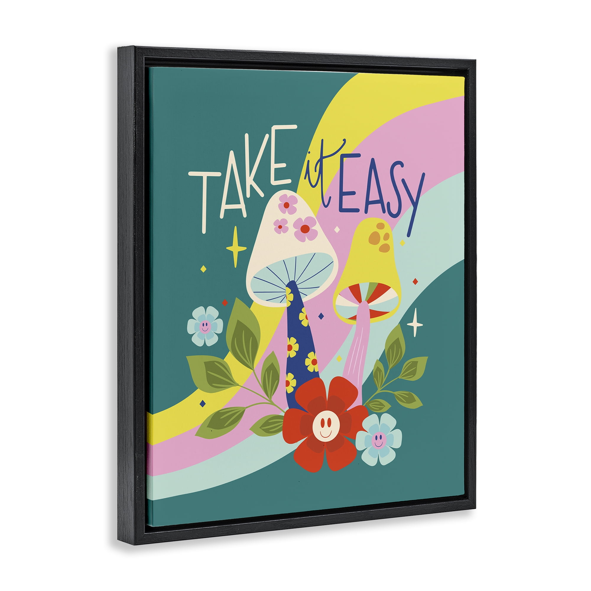 Stupell Industries Take It Easy Mushrooms Plants & Flowers Painting Black Floater Framed Canvas Art Print Wall Art, 17 x 21