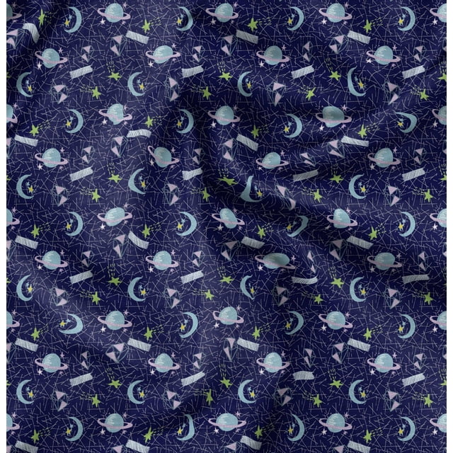 Soimoi Blue Poly Georgette Fabric Moon & Stars Galaxy Print Fabric by the Yard 52 Inch Wide