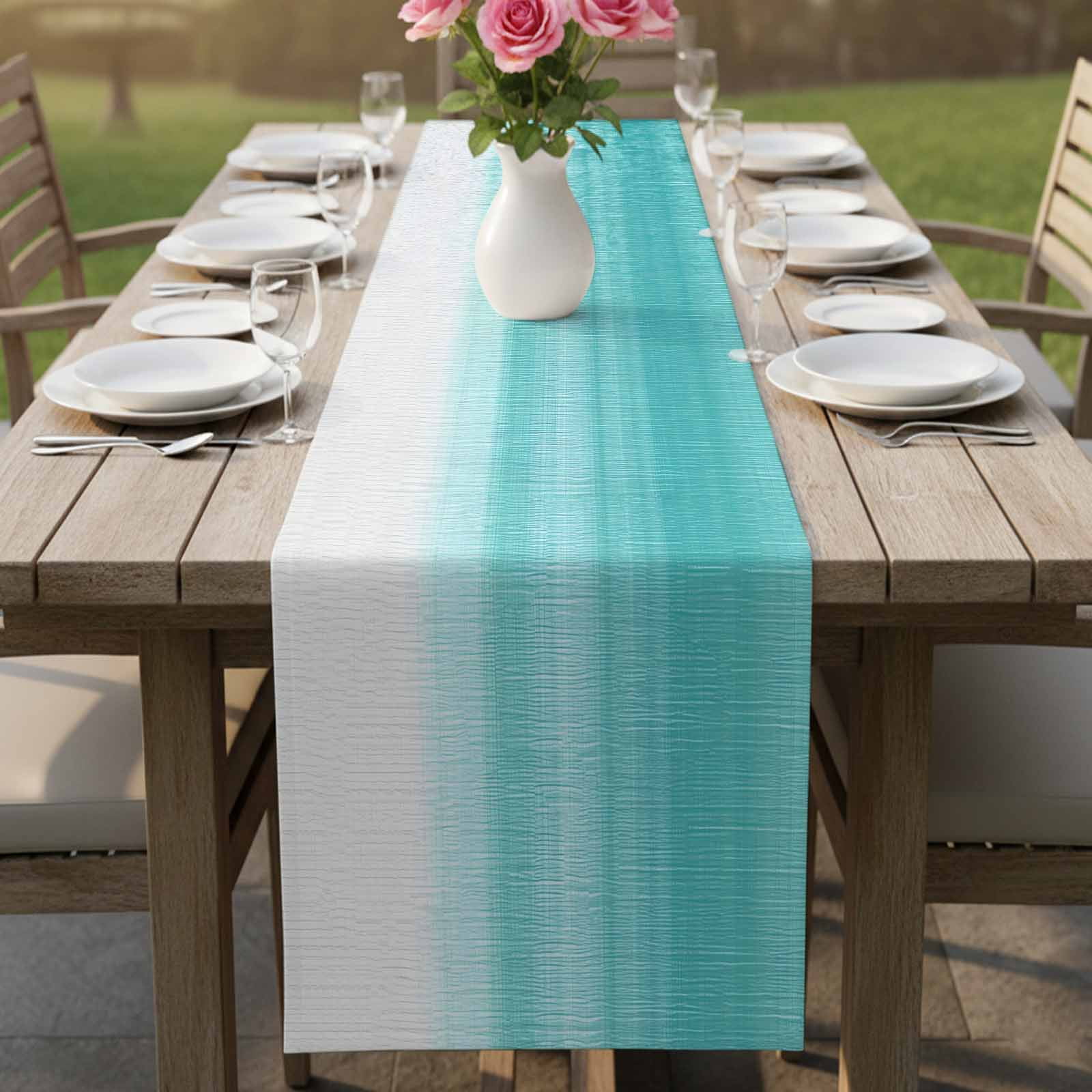 Aqua White Ombre Table Runner, Chic Modern Funny Abstract Striped Art Washable Cotton Linen Table Runners 48 Inches Long, Dresser Scarf Runner for Nightstand/Coffee/End Tables 13''x48''