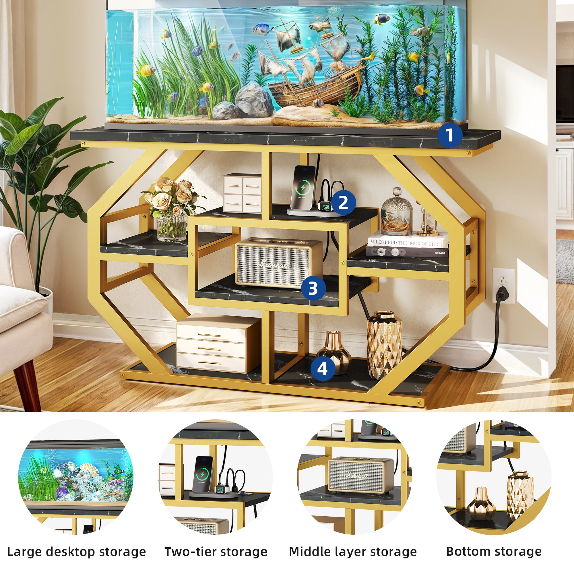Dextrus 55-75 Gallon Aquarium Stand with Power Outlets, Cabinet for Fish Tank Accessories Storage - Heavy Duty Metal Fish Tank Stand, 865LBS Capacity, Black & Gold