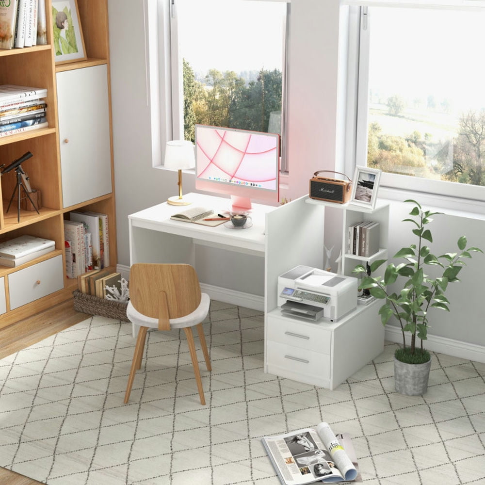 Demi Bonn Computer Desk Home Office with Bookshelf and Drawers, Small Home Office Desk Study Writing Table, White