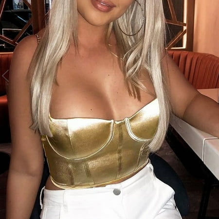 WHLBF Women s Clearance Top Summer Crop Satin Bustier Top Chain Strap Casual Padded Lingerie Gold M(M)