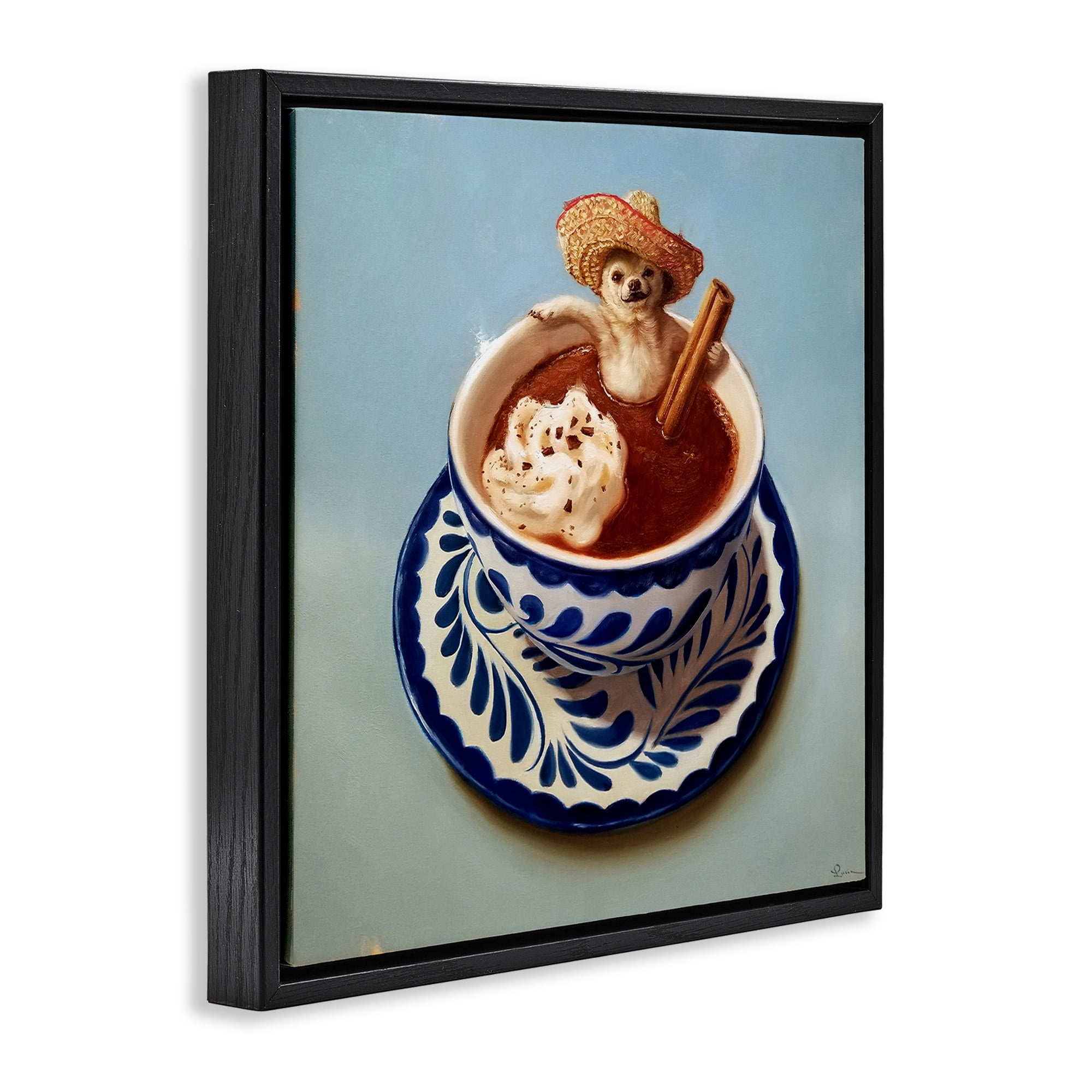 Stupell Industries Chihuahua Hot Chocolate Humor Animals & Insects Painting Black Floater Framed Canvas Art Print Wall Art, 18 x 18