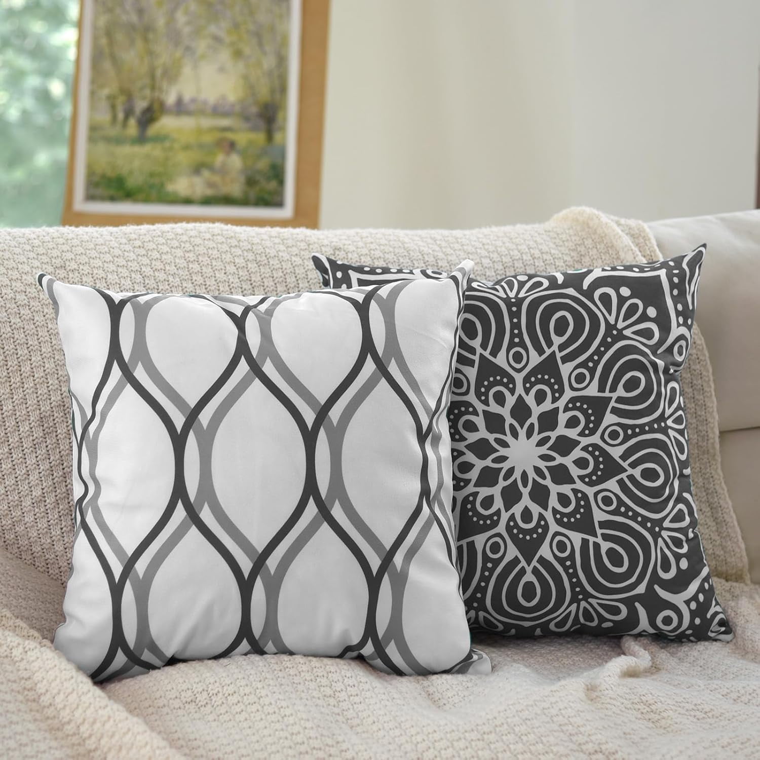 Decorative Throw Pillow Covers 20x20 Set of 4, Dark Grey and White Modern Simple Square Pillow Case Cushion Cover for Sofa Couch Farmhouse Outdoor Living Room