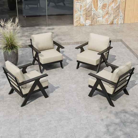 EAGLE PEAK Urban Slate Modern Patio Accent Chair Set of 4 with Thick Cushions, Black/Beige