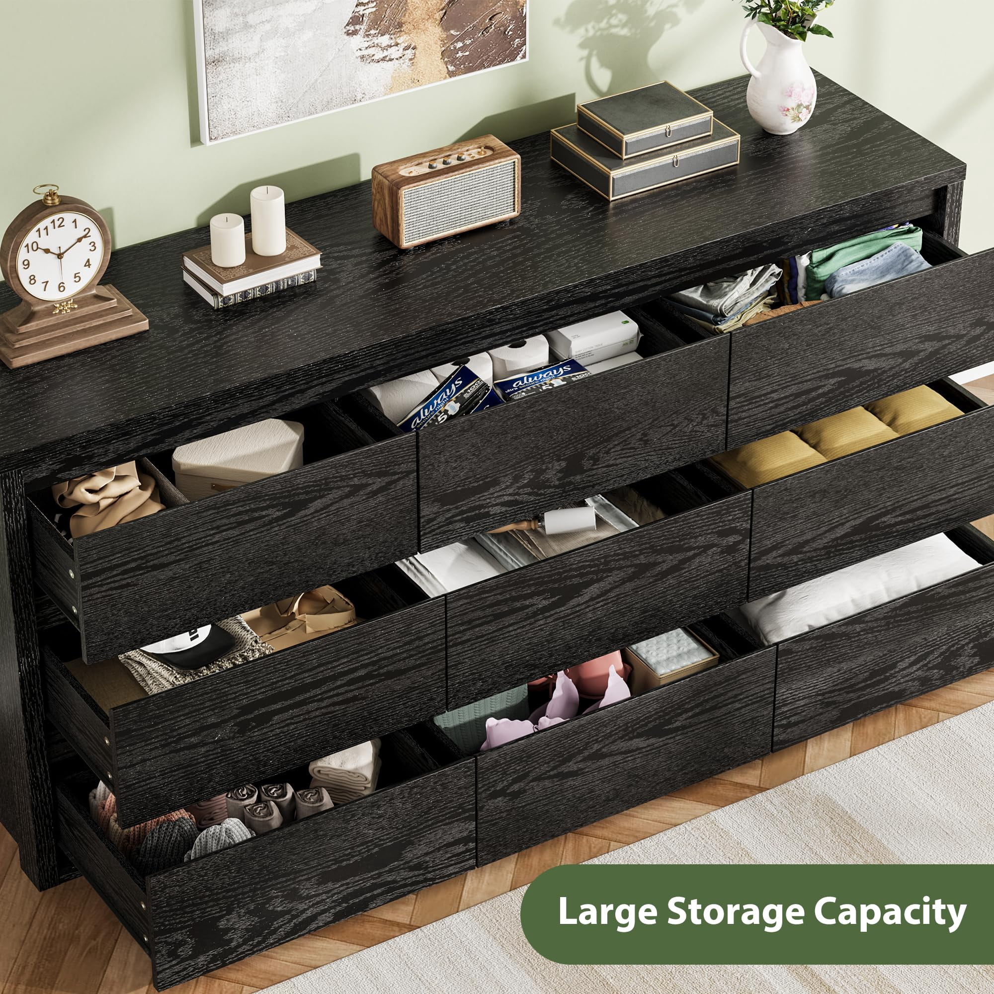 9 Drawer Dresser for Bedroom, Wide Chest of Drawers with Handleless Design, Large Wood Storage Organizer for Living Room Hallway Entryway, Modern Black