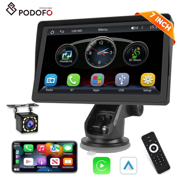 Podofo 7 Inch Protable Apple Carplay Car Screen, Wireless Android Auto Dash Mount, Car GPS Navigation System with Mirror Link/Bluetooth/FM Transmitter/USB   12LED Backup Camera