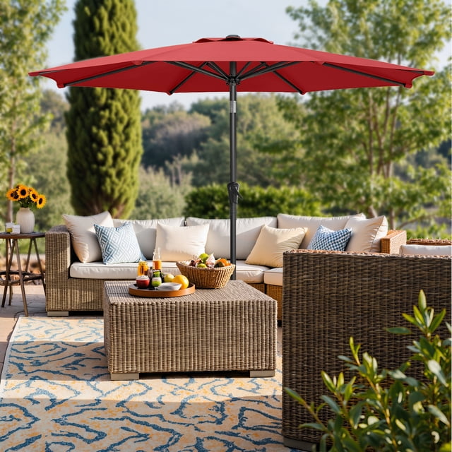 Sombrilla para Patio, Sombrilla de Mesa de Exterior de 2,29 m, con 8 costillas, UPF 50+, Inclinación Doble de 30°, Base no Incluida, para Patio, Jardín, Piscina, Rojo