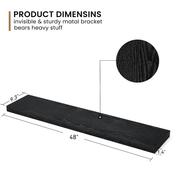 Floating Shelves - 9.3 Inch Deep Wall Shelf for Decor & Storage - Wall Mounted Display Shelving with Invisible Heavy-Duty Metal Bracket - 48" W x 9.3" D x 1.5" H - Set of 1 - Rustic Black