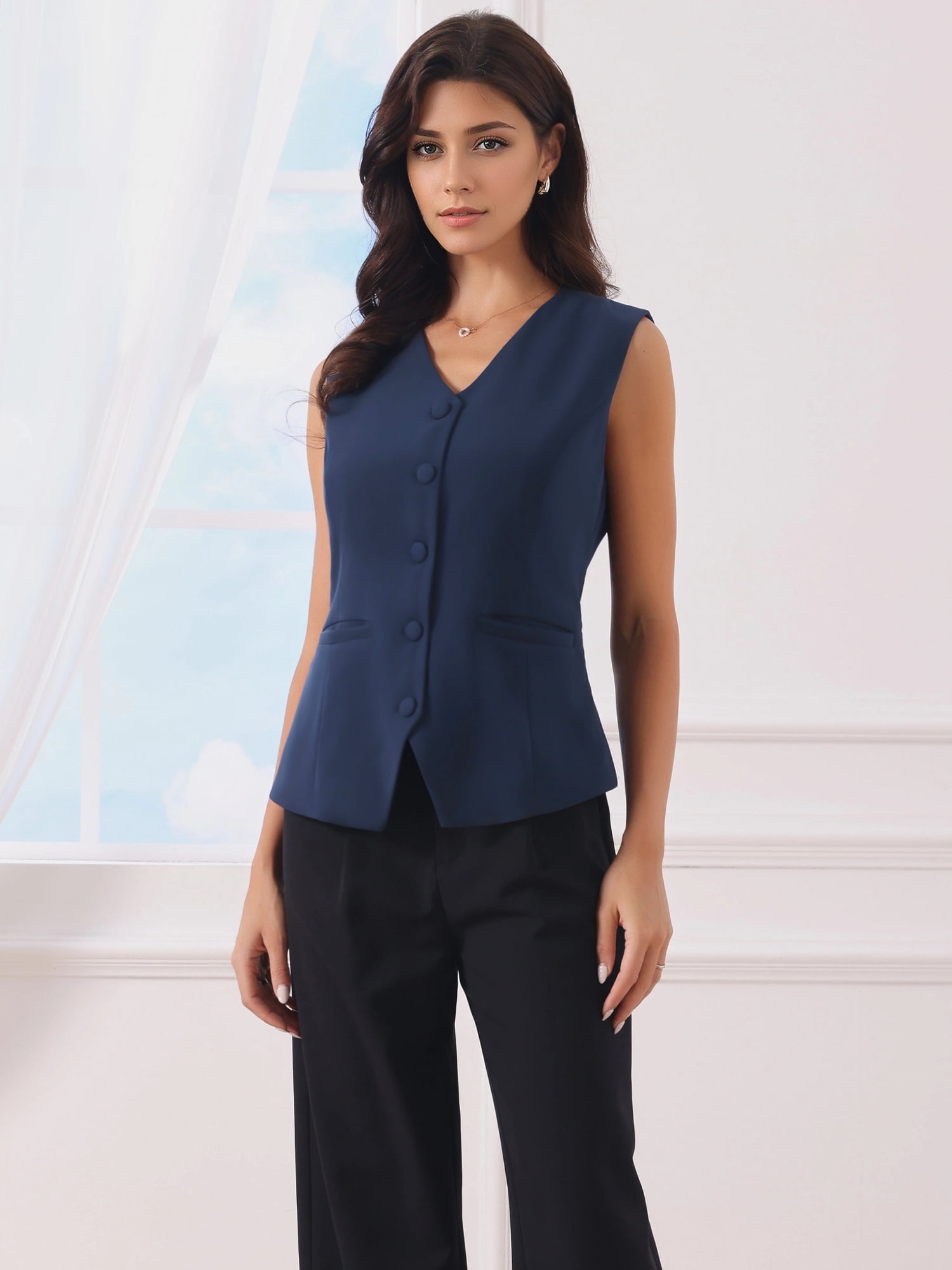 DARING DIVA Women's V Neck Button Down Waistcoat with Pockets L Dark Blue