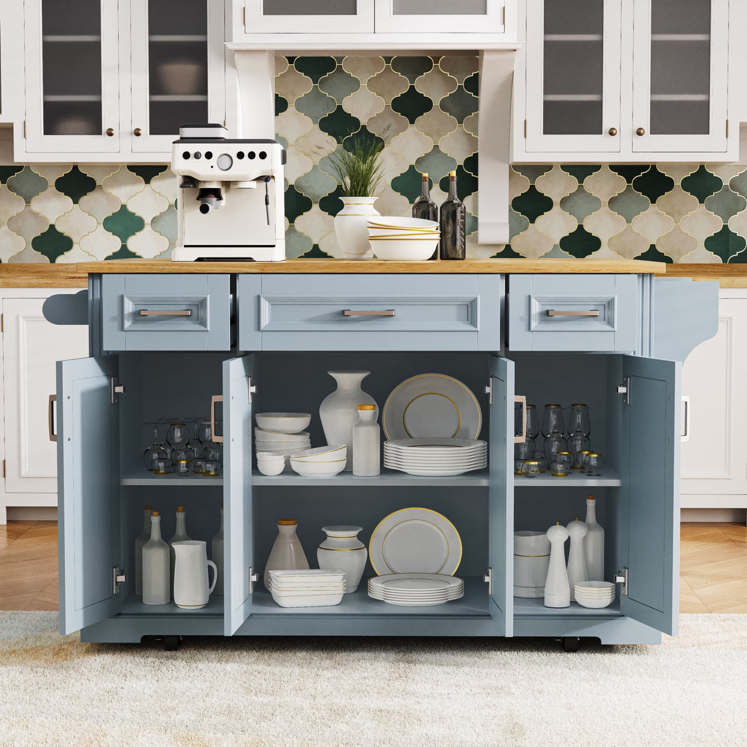 Harper & Bright Designs Large Kitchen Island with Drop Leaf, Rolling Kitchen Cart on 4 Wheels with Doors and 3 Drawers, Kitchen Island with Storage for Dining Room, Grey+Blue