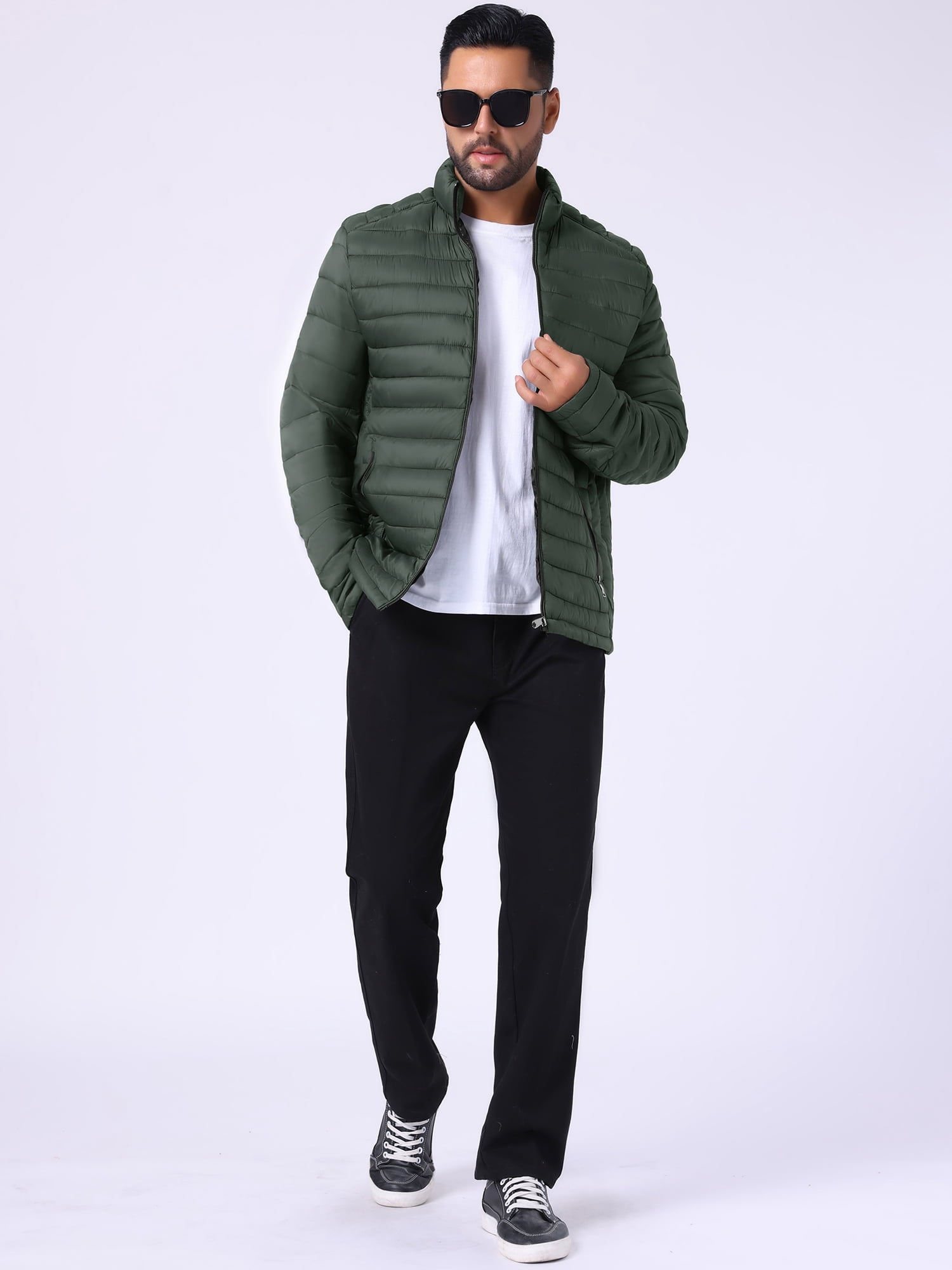 DARING DIVA Men's Winter Solid Stand Collar Zipper Quilted Puffer Jacket XL Dark Green