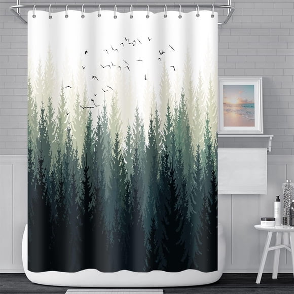 ABDFHE-Green Misty Forest Bathroom Shower Curtain Nature Tree Mountain Woodland Asuka Bath Curtain Waterproof Polyester Fabric Shower Curtains with Hooks for Modern Home Decorative, 36x72 Inch