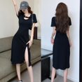 thumbnail image 5 of Aosijia Womens Hollow Out Sexy Split Dress High Waist Club Dress Spring Summer Short Sleeves Slim Dress, 5 of 13