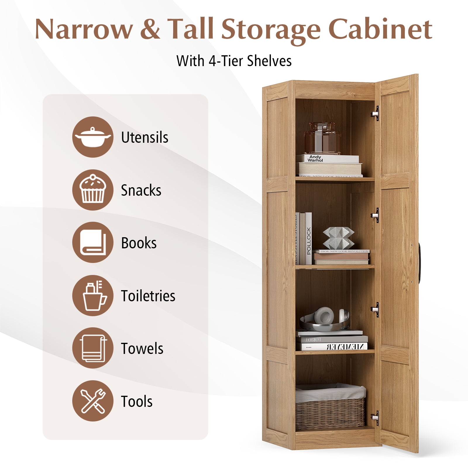 Gymax Tall Storage Cabinet Narrow Farmhouse Freestanding Floor Cabinet w/ 4 Shelves Natural