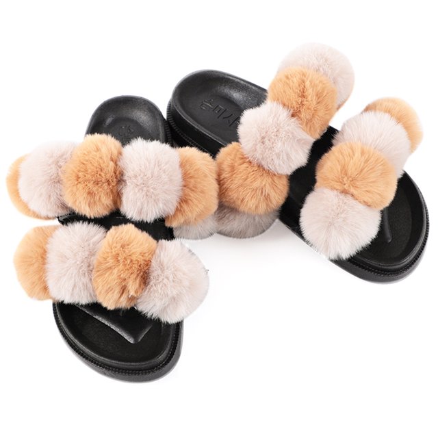 Women Furry Slippers Fashion Pom Pom Ball Faux Fur Slippers Fluffy Sandals