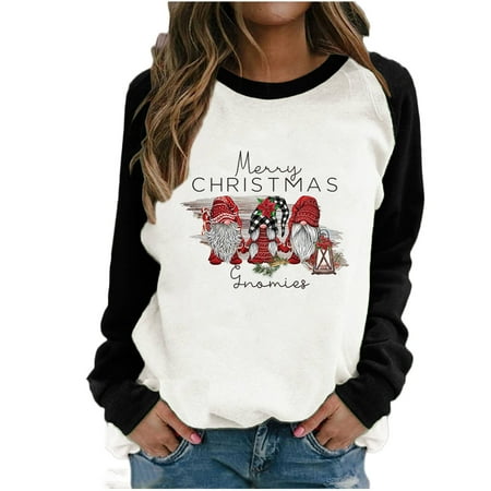 

Ziloco Long Sleeve Round-Neck Blouses & Shirts Tankini Tops for Women Women Round-Neck Color Block Merry Chriasmas Printing Long Sleeve Tops Blouse Black Corset Top