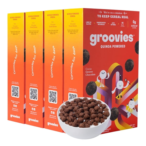 GROOVIES | Pack x4 Cereal de Quinoa Sin Azúcar | Cereales Gluten Free - Ideal para Tomar con Leche - Fuente de Proteina | Quinoa Inflada Chocolate - Snacks Saludables para Niños