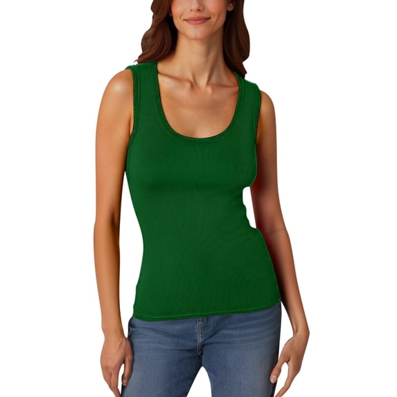Wang6 Ribbed Tank Tops for Women Trendy Crew Neck Sleeveless T Shirts Summer Solid Slim Fit Tops Shirts Dark Green XL