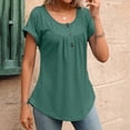 thumbnail image 5 of Women's Curved Hem Short Sleeve Shirts Summer Soft Pleated Scoop Neck Button Down Shirt Loose Fit Casual Daily Wear Tops Army Green, 5 of 8