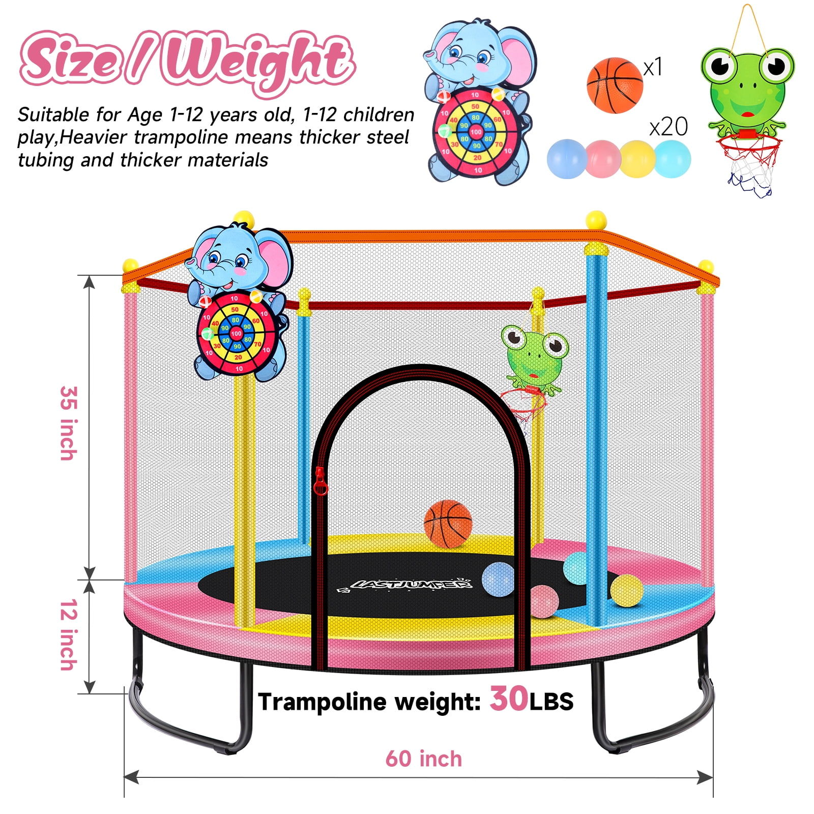 LASTJUMPER 60" Pink Trampolines for Kids, 5ft Mini Indoor & Outdoor Small Toddler Trampoline with Basketball Hoop, Dart Board, Ocean Ball ,Baby Trampoline Toys, Birthday Gifts for Kids