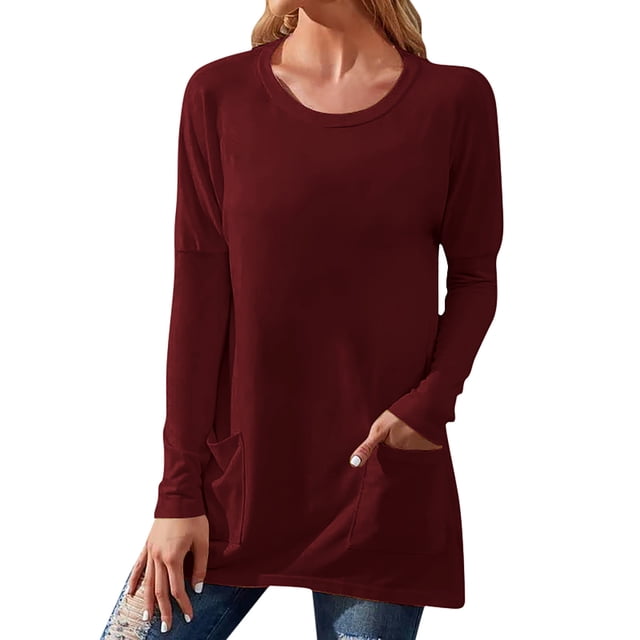Baberdicy T-Shirts pour Femmes Chandails en Molleton à Manches Longues pour Femmes Pulls à Col Rond Color Block Tuniques Tops pour Femmes Vin
