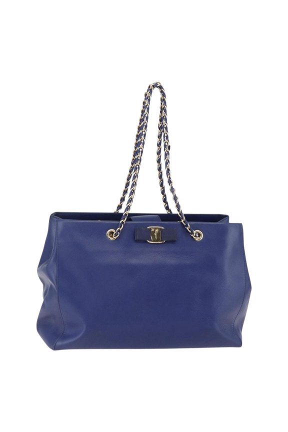 Pre-Owned Salvatore Ferragamo Vara Bow Chain Tote Leather Blue Leather Tote Bag Bag