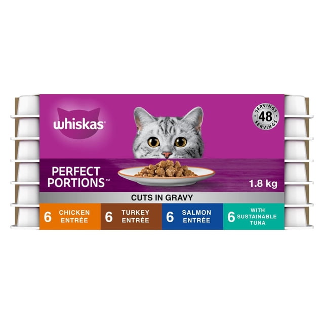 Whiskas Perfect Portions Cuts in Gravy Variety Pack Adult Wet Cat Food 1.8 kg with 48 servings, including 6 trays each of chicken, turkey, salmon, and sustainable tuna entrées, shown with a gray tabby cat and a plate of wet cat food in gravy on a purple label.