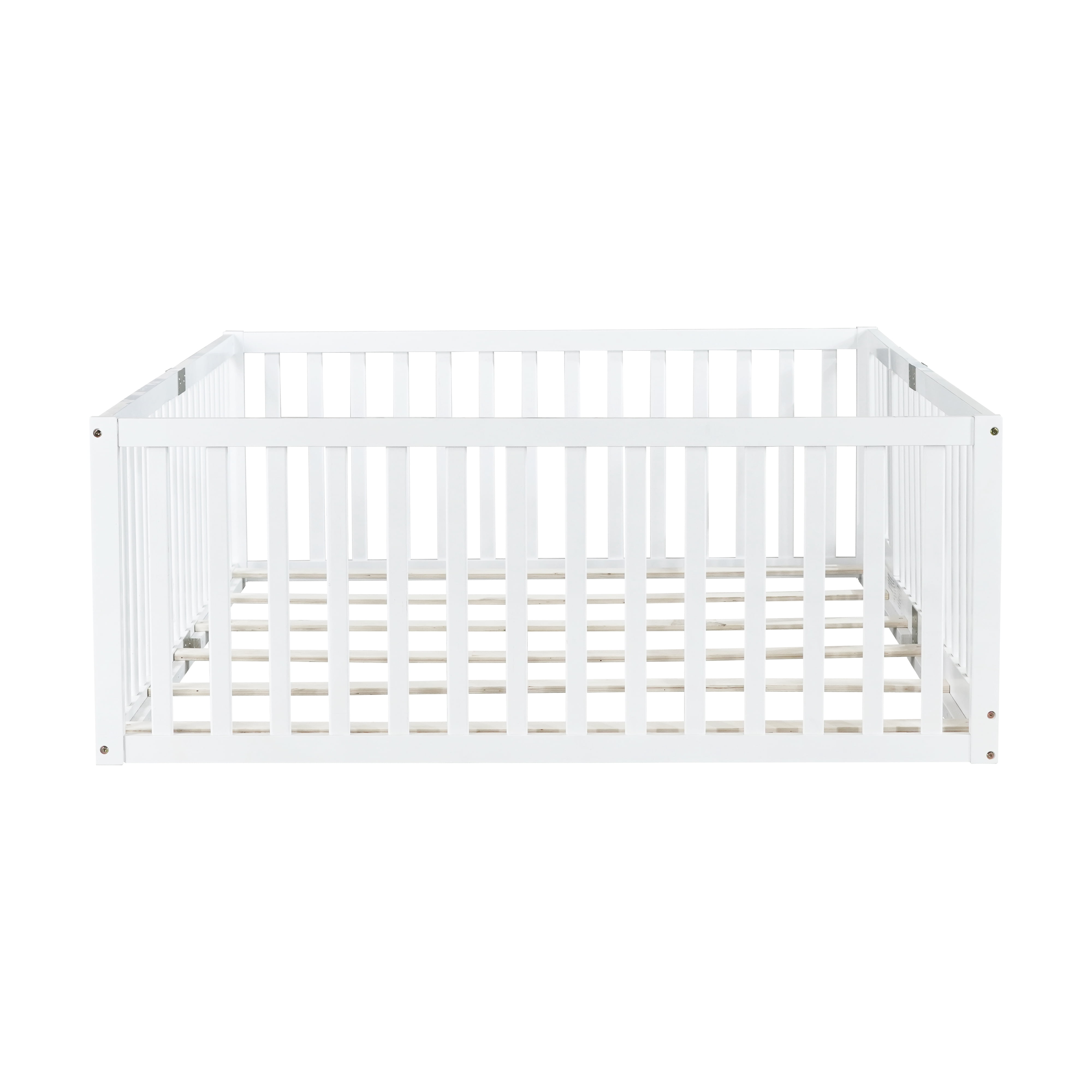 Holaki Wood Full Size Floor Bed with High Fence Railings for Kids, White