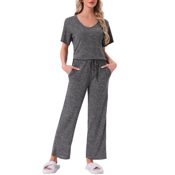 Conjunto de pijama para mujer INSPIRE CHIC, de dos piezas, con parte superior de manga corta de punto acanalado y pantalones con abertura lateral, con bolsillos, talla L, gris oscuro