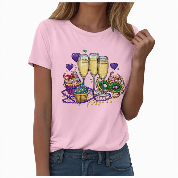 HCNTES Mardi Gras Shirt for Women Mardi Gras Outfit Carnival Tshirt Fat Tuesday Party Tee New Orleans Party Short Sleeve(Size:XL)