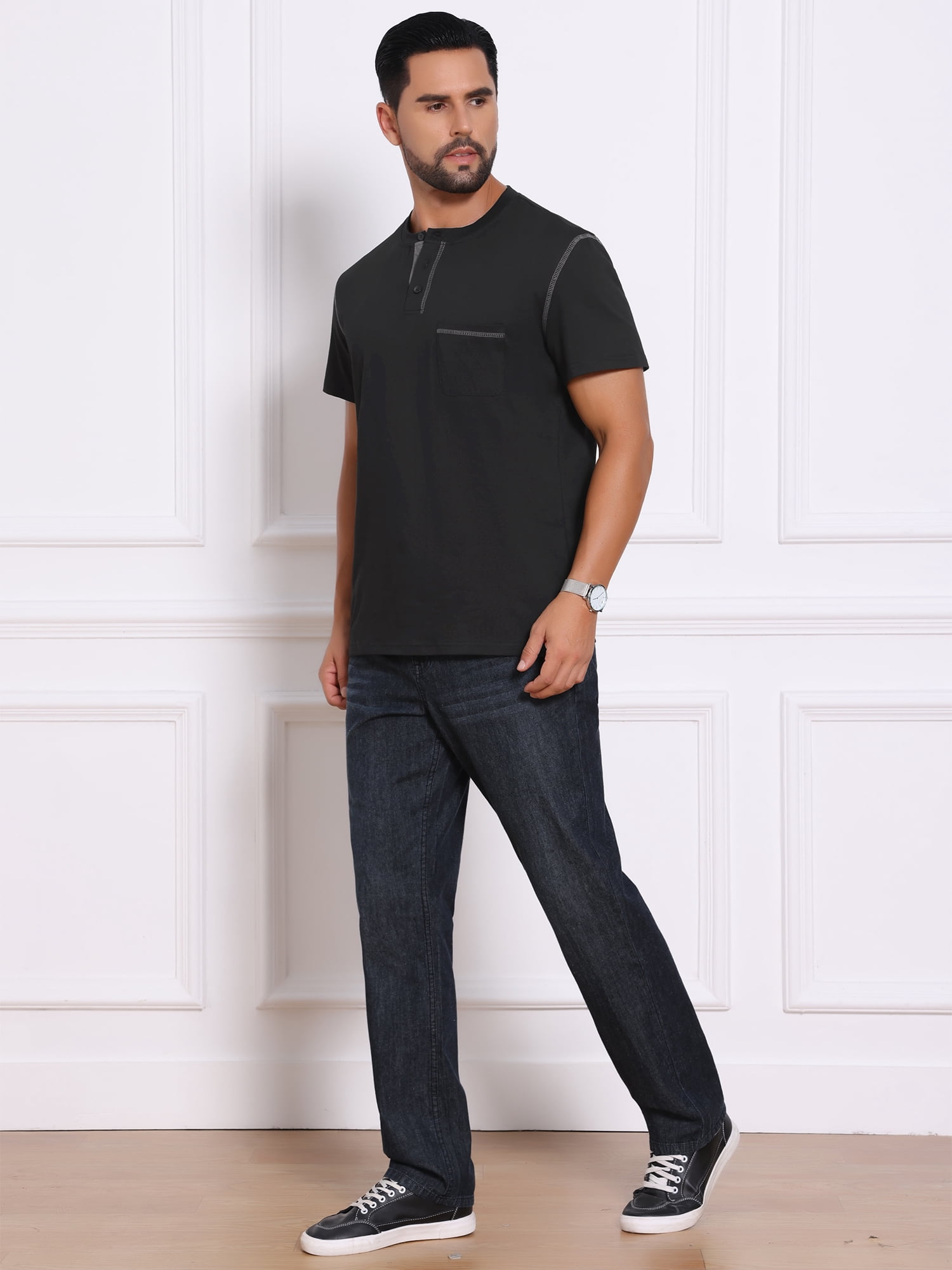 DARING DIVA Men's Henley Crew Neck Short Sleeve Button Down T-Shirt M Black