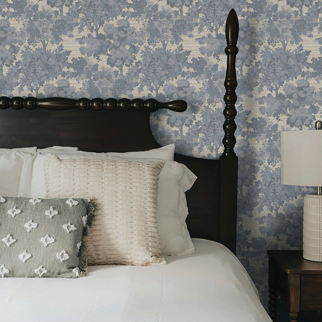 Tempaper Blue Canopy Toile Faux Grasscloth Removable Peel and Stick Wallpaper, 20.5 in X 16.5 ft