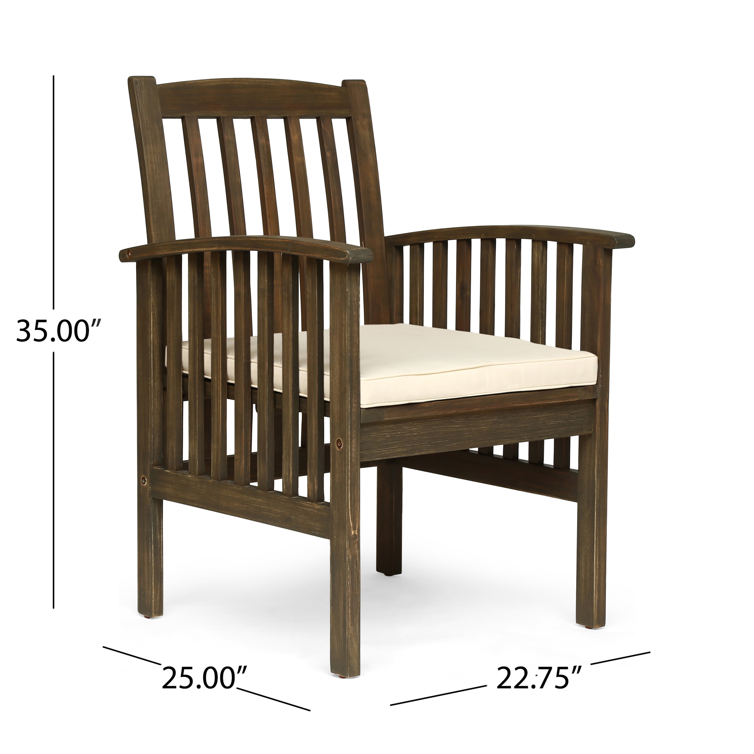 Outdoor Cushioned Dining Chair Set of 2, Acacia Wood Frame Comfort Seats for Patio Garden, Gray and Cream