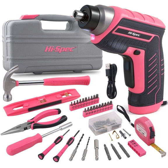 Hi-Spec 35pc Pink Tool Kit with 3.6V USB Electric Screwdriver and Drill Set. Complete Women Tool Set
