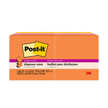 Post-it® Super Sticky Dispenser Notes, 3 in x 3 in, Energy Boost Collection, 6 Pads/Pack