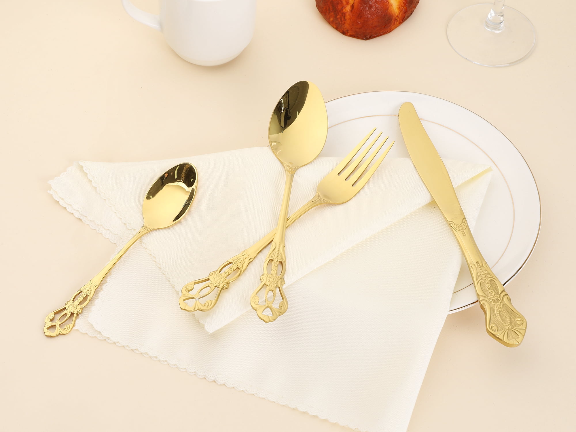 Unique Bargains 24 Pcs Silverware Set Stainless Steel Floral Flatware Set Gold