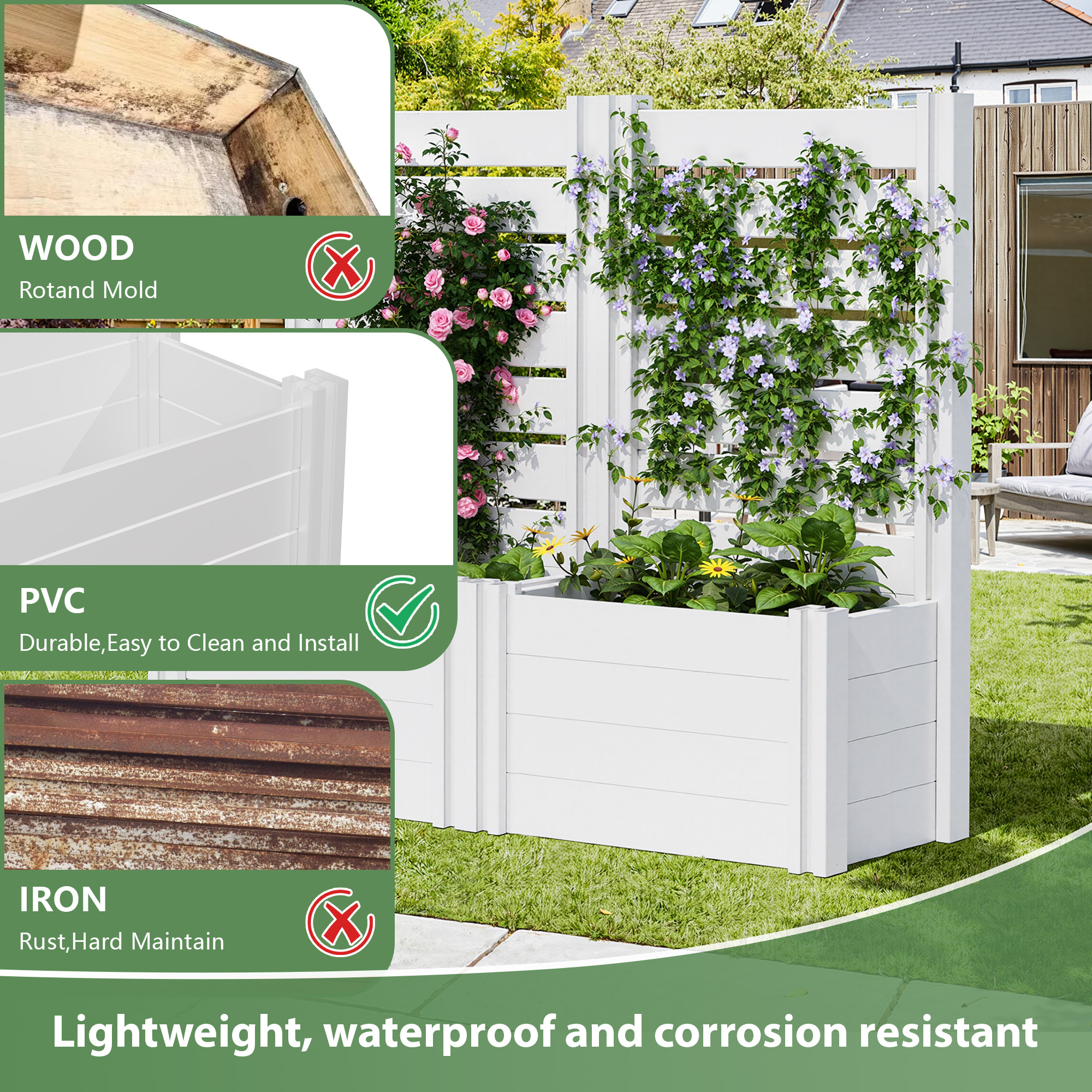 MAYEERTY Outdoor White PVC Rectangular Planter Box with Trellis for Climbing Plants, Raised Garden Bed