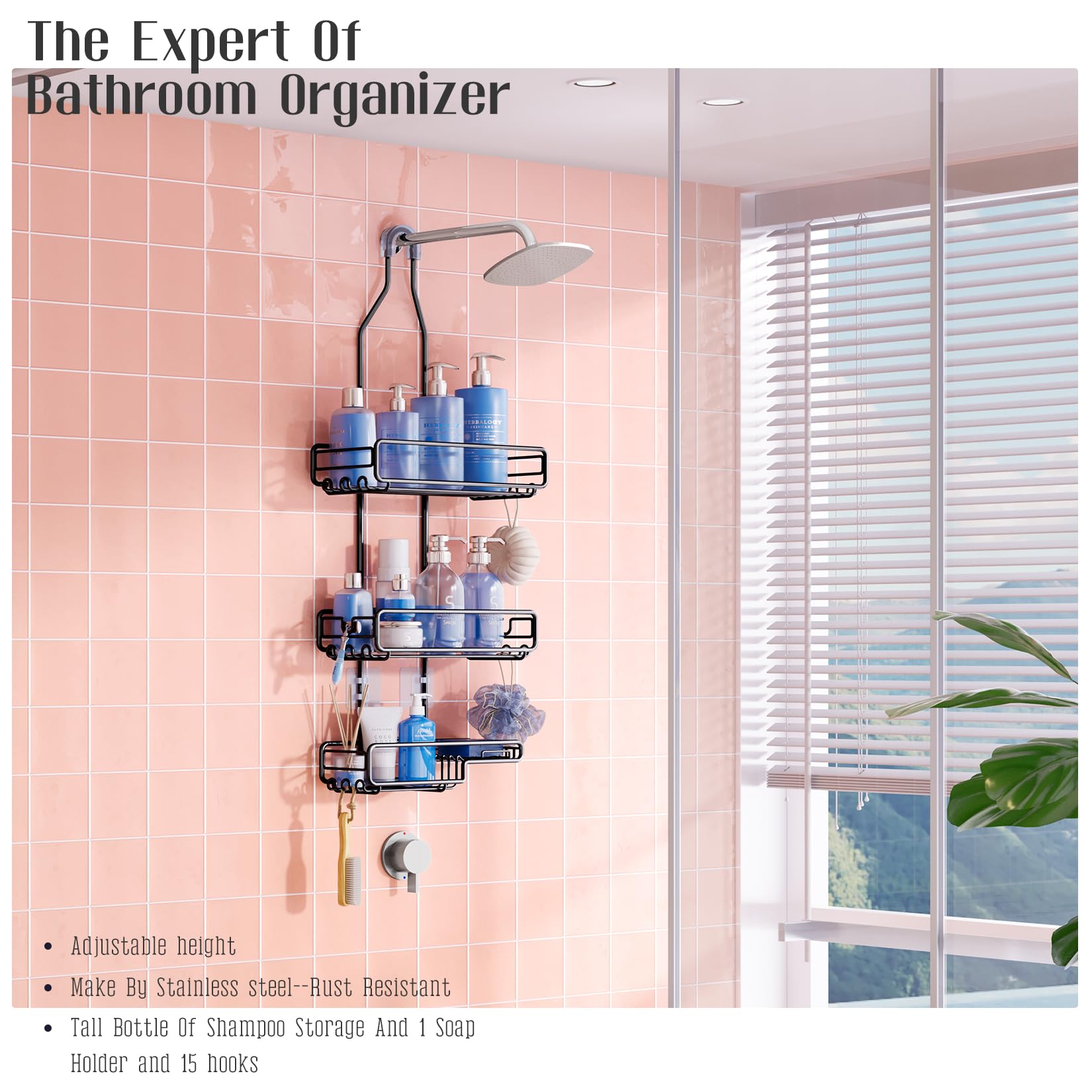VANCORE Shower Caddy Hanging over Shower Head - Bathroom Shower Organizer Adjustable Rack for Tall Showerhead - Extra Large Storage Shelf for Big Shampoo Bottles with Soap Razor Holder