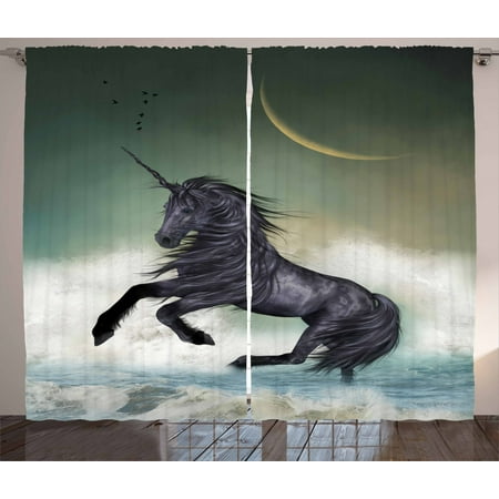 Fantasy Curtains 2 Panels Set Black Unicorn In The Ocean With Moon Abstract Mythical Creatures Hand Drawn Design Window Drapes For Living Room Bedroom 108w X 63l Inches Multicolor By Ambesonne