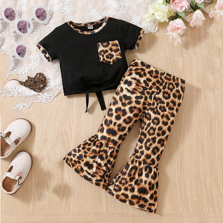 

Wiueurtly Toddler Girls Summer Short Sleeve Tops Leopard Flares Pants Trousers 2 Piece Suit Outfits Cropped Hoodie Set Kids