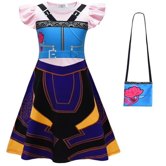 Girls Cartoon Heroine Costume Dress w/Bag Cosplay Skirt Outfit for Halloween Party Role Play, 6-7Y