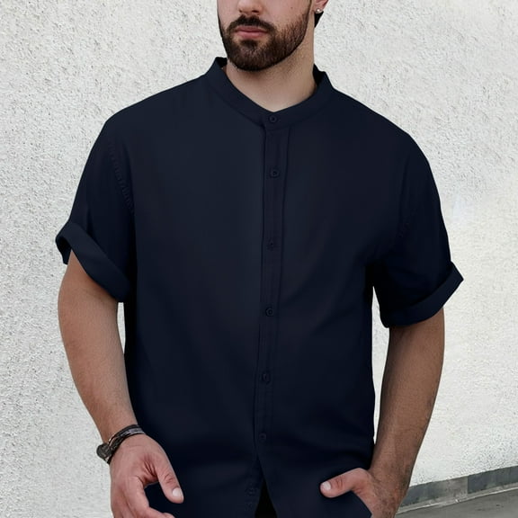 ZZHZGZ 4Th of July Camisas Para Hombres Men's Summer Thin Linen Short Sleeved Shirt Men's Casual Solid Color Linen Stand Collar Shirt Men's Breathable Linen Top 4Th of July Black Tshirt Pack Xxl