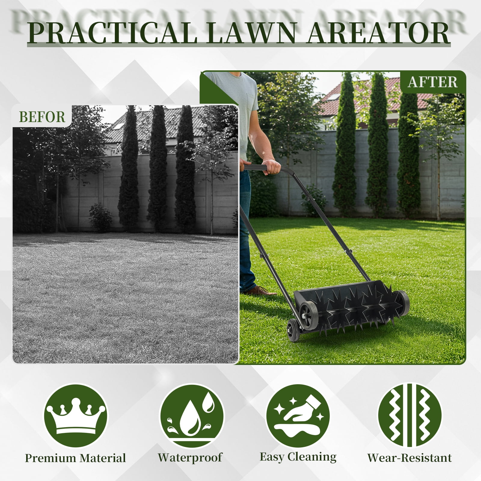 Zimtown 19in Manual Push Spike Lawn Aerator, Heavy Duty w/ Weight Tray & U-Handle for Yard, Black