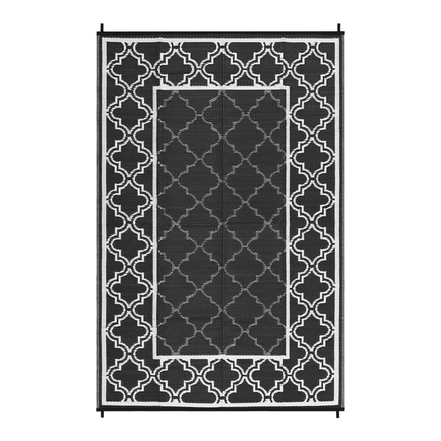 Reversible Waterproof Outdoor Rug–Modern Black and White Plastic Straw Patio Mat–Collapsible,Washable,UV-Resistant–For RV,Camping,Deck,Porch, Balcony,Backyard–8x10ft,USA Spec