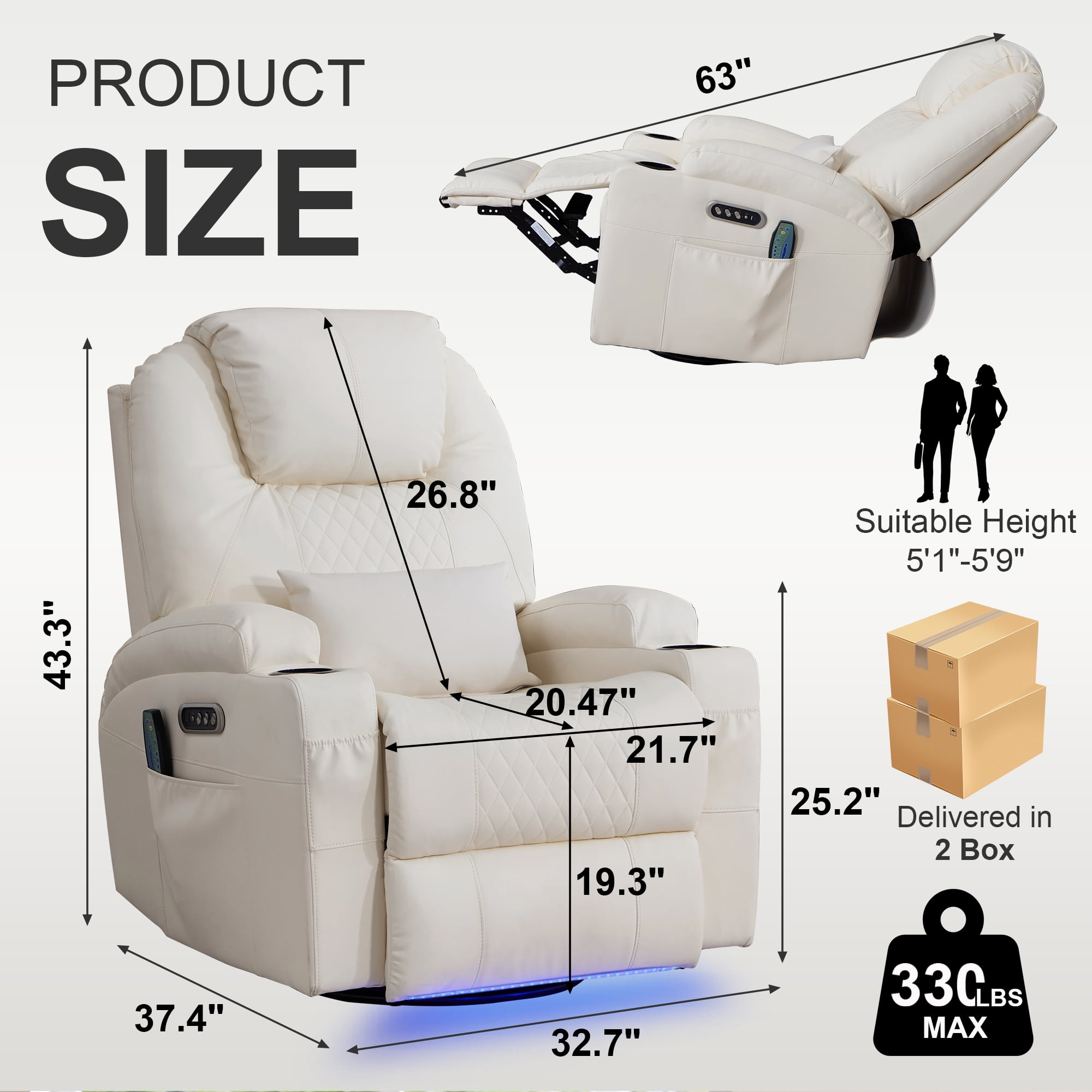 Dual Motor Power Swivel Rocker Recliner Chair for Adults with Heat and Massage, Electric Wall Hugger Rocking Recliner for Nursery Living Room with LED Lights, USB A&C Ports