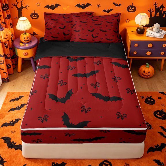 Homewish Simple Halloween Bat Zipper Twin Comforter Sets with Fitted Sheet and 2 Pillowcases,Tiny Bow Print Zipper Bedding Set,Red Black,Black Reversible,4 Pieces