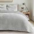 thumbnail image 6 of EVERGRACE Velvet Quilt Set King Size, Luxurious Soft Striped Channel Bedding Set, Lightweight Velvet Comforter for All Season, Oversized Bedspread Coverlet with 2 Matching Shams, Frost Gray, 6 of 8
