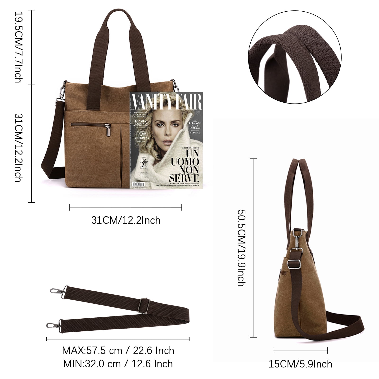 URSOFINE Women's Handbag Canvas Tote Bag Stylish Ladies Purse Lightweight Crossbody with Multi-Pocket & Adjustable Strap Durable Hobo Bags for Work Travel College Shopping Commuting Everyday Use